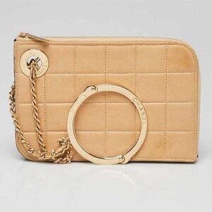Chanel Beige Square Quilted Lambskin Gold Handcuff Wristlet Clutch Bag